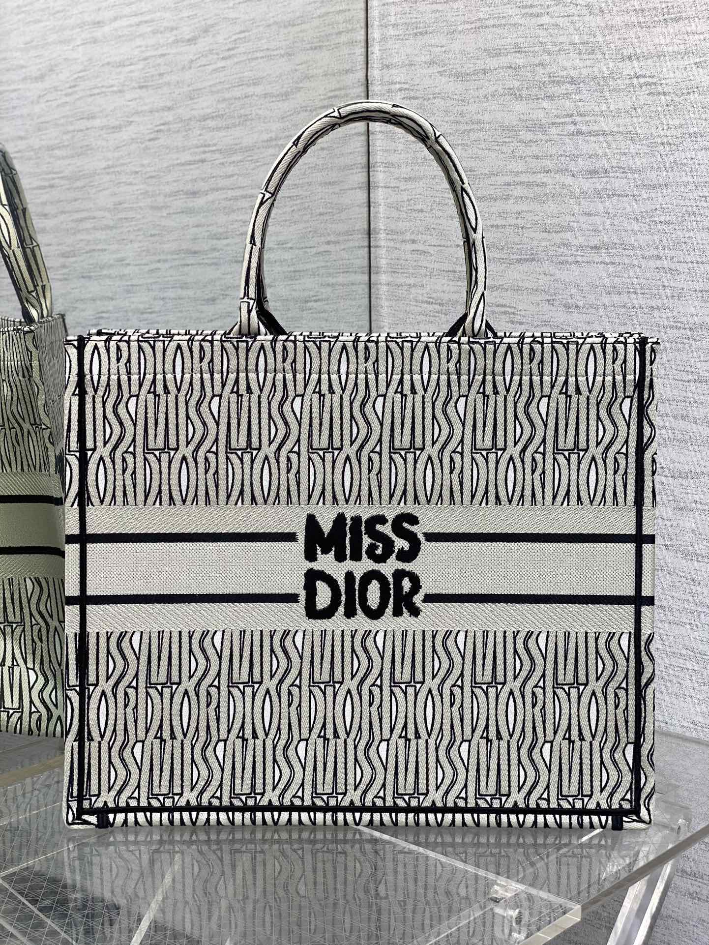 Large Dior Book Tote Bag Black and White Miss Dior Allover Embroidery